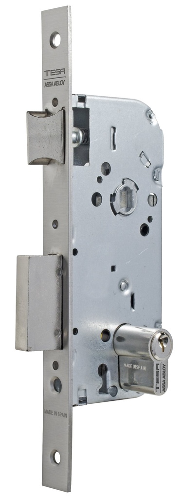 Cerradura embutir 150x77x13 aguja 50 mm. golpe-cuadradillo-llave c.c.70 mm.fte.20x230 recto niquelado