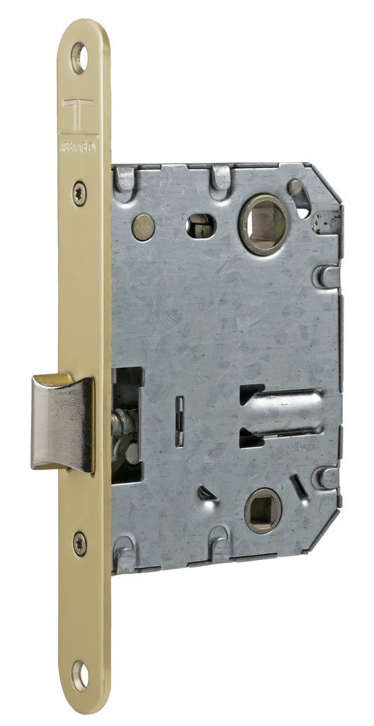 Cerradura embutir 99,60x74,50 aguja 50 mm. golpe solo-cuadradillo-condena c.c.70 mm.fte.20x165 redondo esmaltado oro