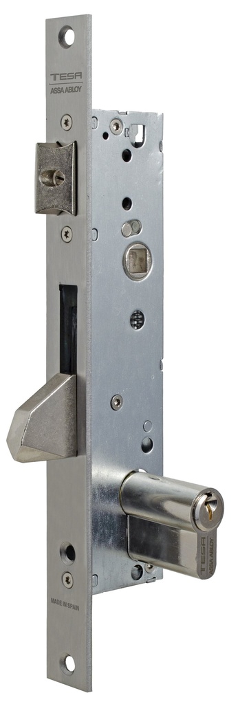 Cerradura embutir 174x38 mm.ancho 15 mm. aguja 25 mm. c.c.85 mm.golpe-palanca basculante antipalanqueta acc.llave/cuadradillo fte. recto  a.inox.