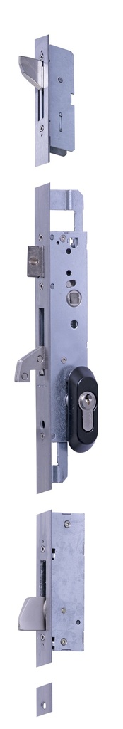 Cerradura embutir 3 puntos frontales caja 174x34 mm. c.c.85 mm.aguja 25 golpe-gancho basculante acc.llave/cuadradillo fte. plano recto largo 1860 mm. a.inox.