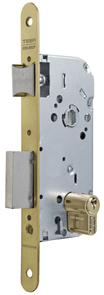 Cerradura embutir 150x77x13 aguja 50 mm. golpe-cuadradillo-llave c.c.70 mm.fte.20x230 redondo esmaltado oro