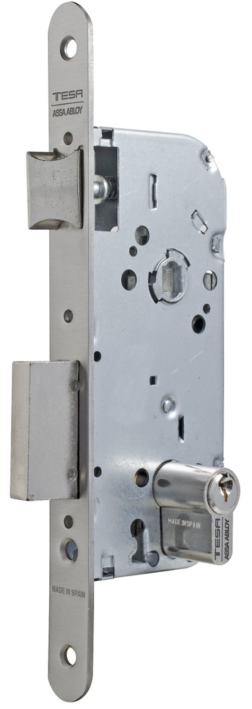 Cerradura embutir 150x77x13 aguja 50 mm. golpe-cuadradillo-llave c.c.70 mm.fte.20x230 redondo niquelado