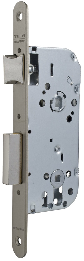 Cerradura embutir 150x77x13 aguja 50 mm. golpe-cuadradillo-condena c.c.70 mm.fte.20x230 redondo inox.