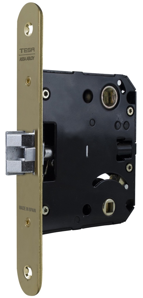 Cerradura embutir PLUS 99,60x75 aguja 50 mm. golpe solo silencioso-cuadradillo-condena c.c.70 mm.fte.23x165 redondo esmaltado oro