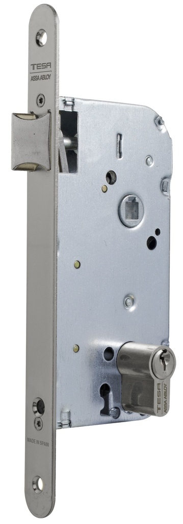 Cerradura embutir 150x67 aguja 50 mm. golpe solo-cuadradillo-llave c.c.70 mm.fte.20x230 redondo inox. sin cerradero 