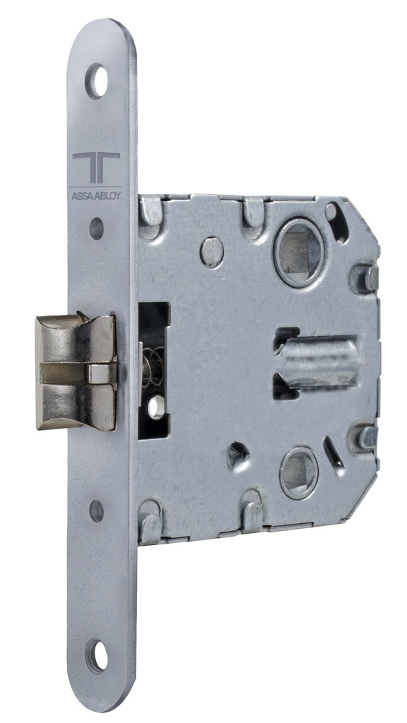 Cerradura embutir 70,60x74,50 mm. aguja 50 mm. golpe solo silencioso cuadradillo/condena c.c. 47 mm. fte.redondo níquel