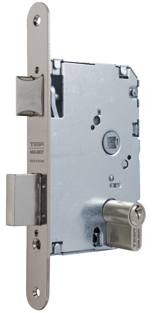 Cerradura embutir 128x67 aguja 40 mm. c.c.47 golpe-llave bombillo europerfil fte.redondo niquelado