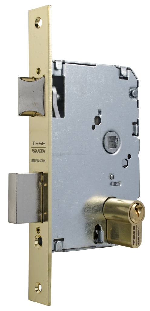 Cerradura embutir 128x77 aguja 50 mm. c.c.47 golpe-llave bombillo europerfil fte.recto latonado