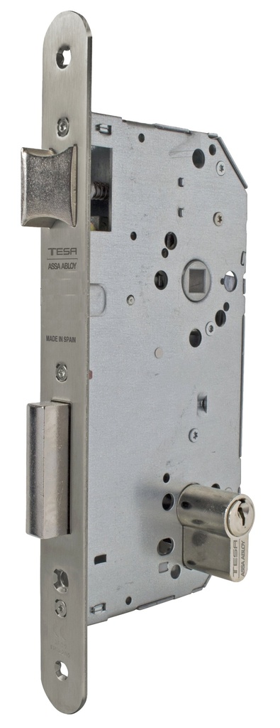 Cerradura embutir 175x79x14 aguja 50 mm.  golpe-llave c.c.85 mm. fte.redondo inox.