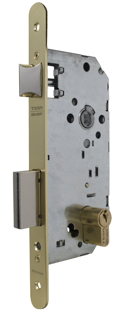 Cerradura embutir 175x89x14 aguja 60 mm.  golpe-llave c.c.85 mm. fte.redondo latonado