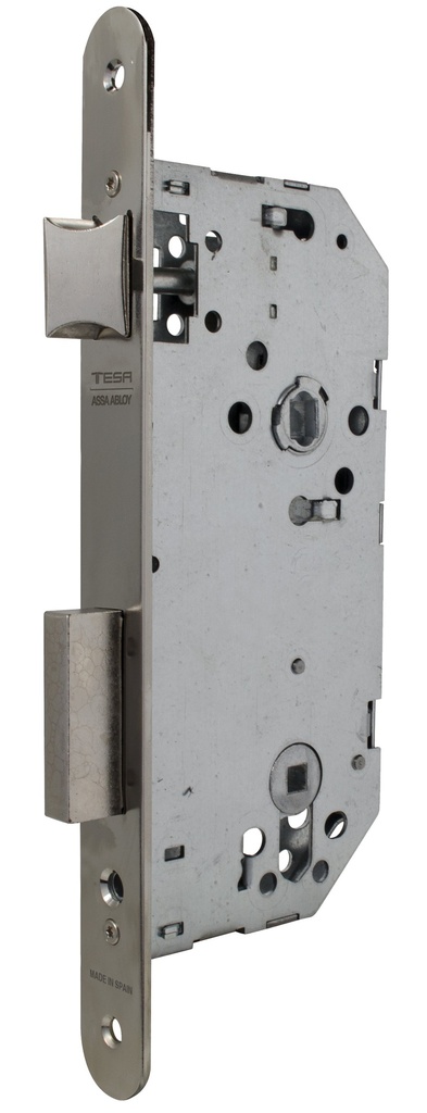 Cerradura embutir 175x89x14 aguja 60 mm.  golpe-condena c.c.85 mm. fte.redondo inox.