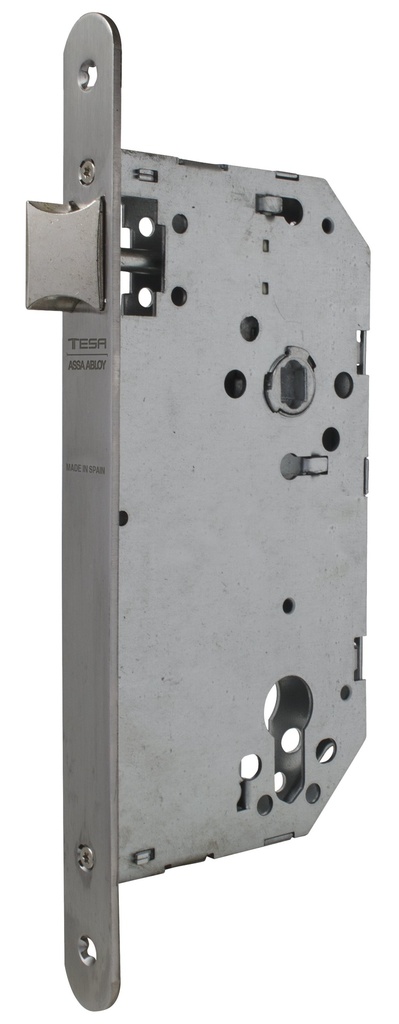 Cerradura embutir 175x89x14 aguja 60 mm. golpe solo fte.redondo inox.
