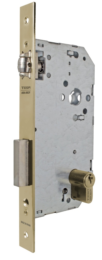 Cerradura embutir 175x79x14 aguja 50 mm. rodillo-llave c.c.85 mm. fte.recto latonado