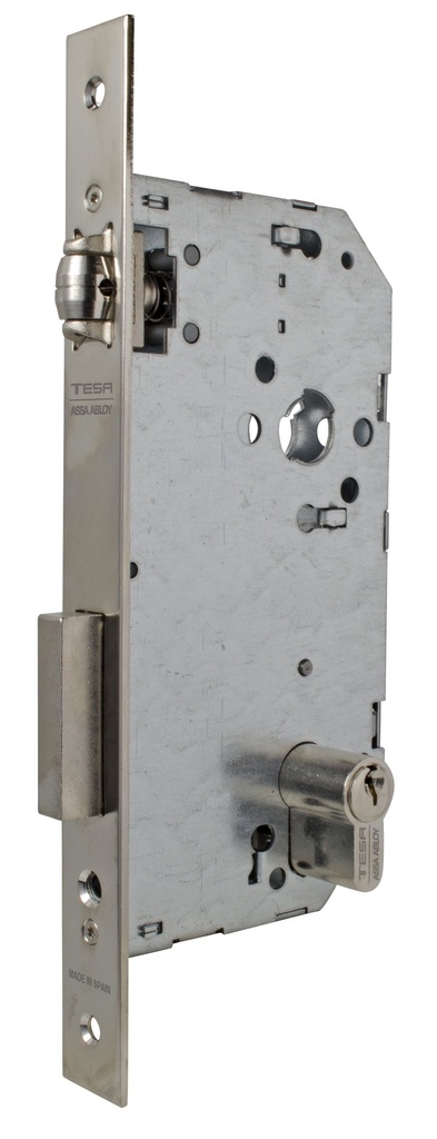 Cerradura embutir 175x79x14 aguja 50 mm. rodillo-llave c.c.85 mm. fte.recto niquelado