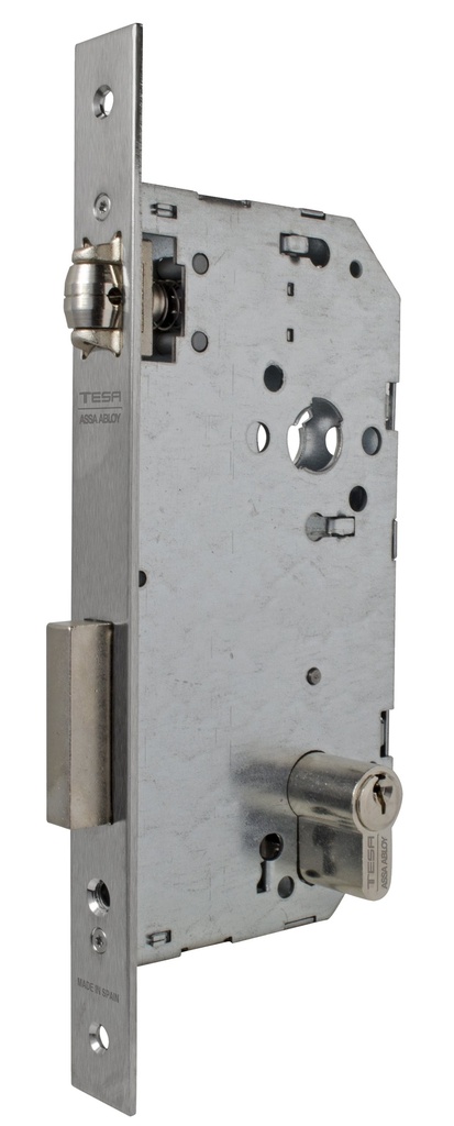 Cerradura embutir 175x89x14 aguja 60 mm.  rodillo-llave c.c.85 mm. fte.recto inox.