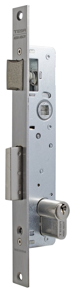 Cerradura embutir 174x48 mm.ancho 15 mm. aguja 35 mm. c.c.85 mm.golpe-palanca deslizante acc.llave/cuadradillo fte. recto  a.inox.