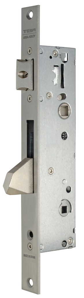 Cerradura embutir 174x43 mm.ancho 15 mm. entrada 30 mm. c.c.85 mm.golpe-palanca basculante antipalanqueta acc.condena/cuadradillo fte. recto  a.inox.