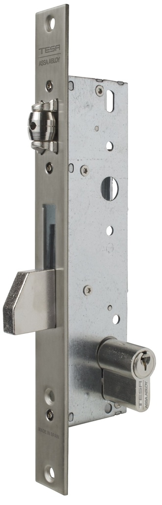 Cerradura embutir 174x38 mm. aguja 25 mm. c.c.85 mm.rodillo-palanca basculante acc.llave/cuadradillo fte. recto  a.inox.