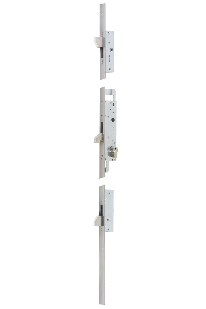 Cerradura embutir 3 puntos frontales caja 174x36 mm. aguja 25 gancho basculante acc.llave fte. plano recto largo 1860 mm. a.inox.