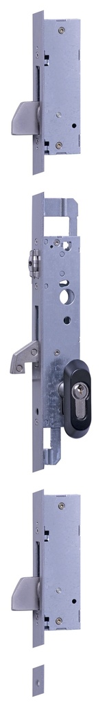 Cerradura embutir 3 puntos frontales caja 174x44 mm.ancho 15 mm. c.c.85 mm.aguja 30 rodillo-gancho basculante acc.llave/cuadradillo fte. plano recto largo 1860 mm. a.inox.