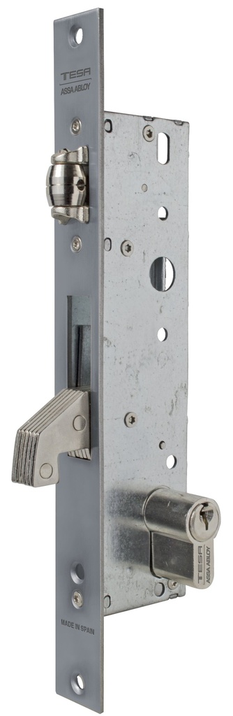 Cerradura embutir 174x38 mm. aguja 25 mm. c.c.85 mm.rodillo-gancho basculante acc.llave/cuadradillo fte.recto  a.inox.