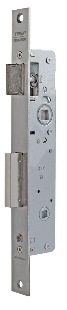 Cerradura embutir 174x43 mm.ancho 15 mm. aguja 30 mm. c.c.85 mm.golpe-palanca deslizante acc.condena/cuadradillo fte. recto  a.inox.