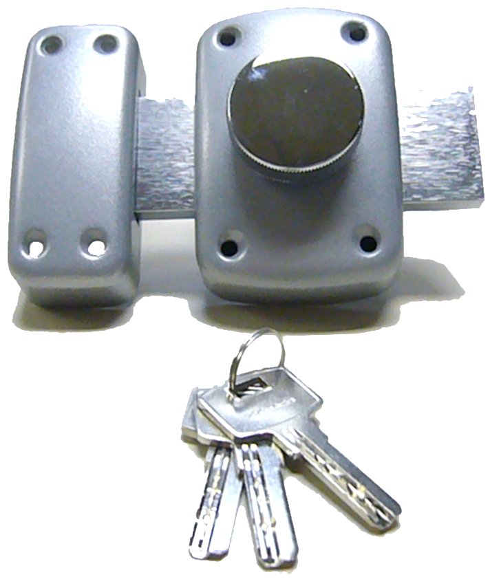 Cerrojo sobreponer IXXTRON 50 mm.boton interior-llave exterior esmaltado plata