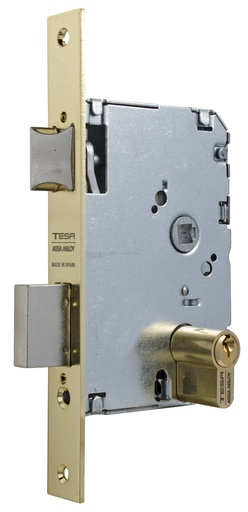 [CE2010P40HL] Cerradura embutir 128x67 aguja 40 mm. c.c.47 golpe-llave bombillo europerfil fte.recto latonado