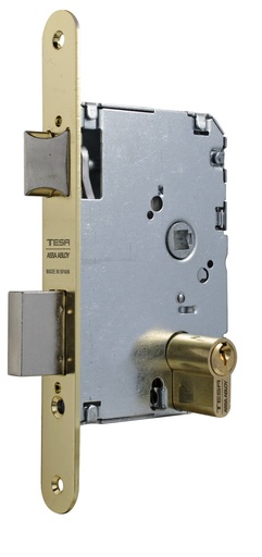 [CE2010P5RHL] Cerradura embutir 128x77 aguja 50 mm. c.c.47 golpe-llave bombillo europerfil fte.redondo latonado