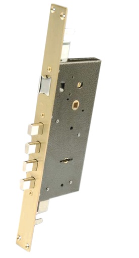 [CS803B] Cerradura embutir 209x94 mm. aguja 50 mm. c.c.85 golpe-bulones acc.llave-cuadradillo gorjas con varillas fte.cuadrado dorada